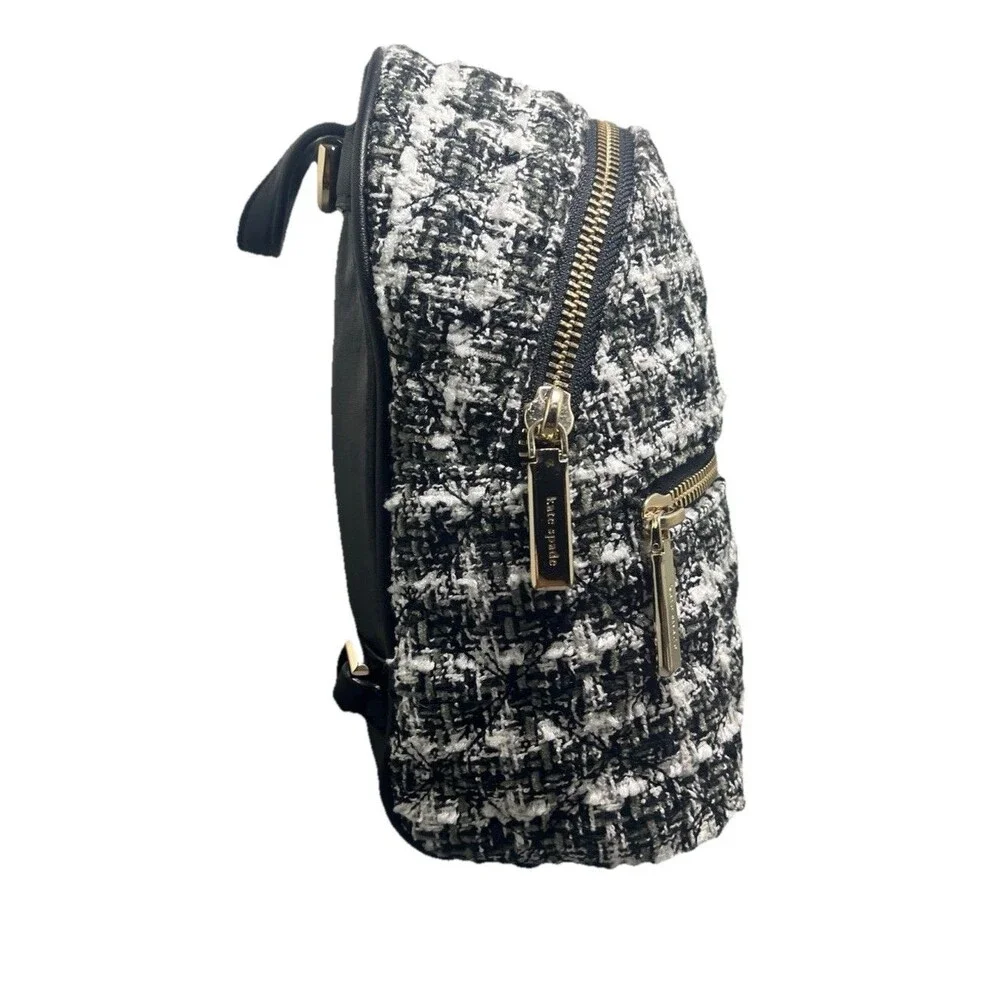 Kate Spade New York Mini Backpack Black White Tweed Gold Zip Spade Print